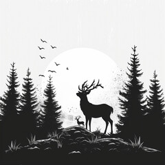 Silhouette of a Male Deer in Front of a Forestscape: Retro-Style, Screen Printed Logo on a White Background