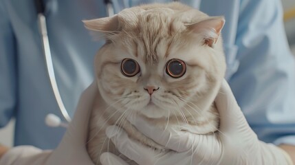 Photo of a beautiful British light-colored cat being examined by a veterinarian at a veterinary clinic. the cat on the surgical table in the hospital.
