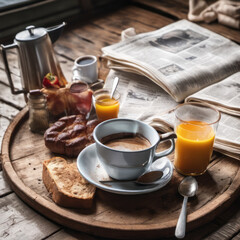 Closeup photo of a nutritious breakfast on a vintage wooden board with newspaper underneath
