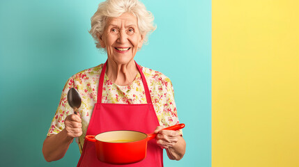 old woman with a pan on a white background