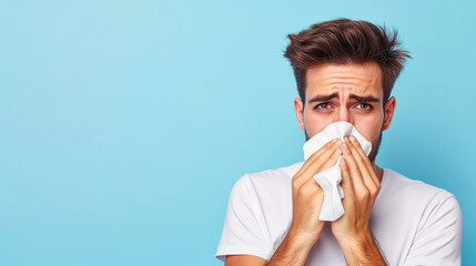 Portrait of man coughing sneezing hard in napkin, feeling unwell with runny nose, severe seasonal allergy, flu symptoms. Indoor studio shot isolated on blue background.