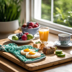 Closeup photo of a nutritious breakfast on a wooden board with a window on background.