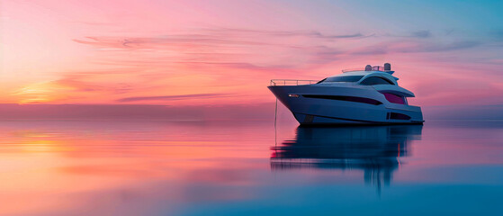 A sleek luxury yacht floats on mirror-like waters under a vibrant sunset sky, reflecting warm...