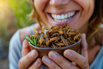 Eating Edible Insects Closeup, Eating Bugs, Eating Insect Snacks, Exotic Cuisine as Fried Bugs - obrazy, fototapety, plakaty