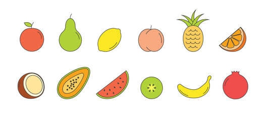 Line fruit set. Tropical outline fruits. Linear style vector illustration isolated on white background.