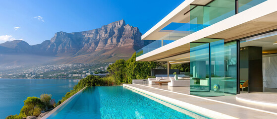 Luxurious modern house featuring an infinity pool with a breathtaking view of a mountain range, showcasing stylish outdoor furniture and clear blue skies. A great vacation spot.