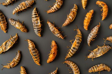 Pupa, Silkworm Fried Food Texture Background, Fried Insect Pattern Top View, Meat Substitute Banner