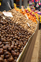 chestnuts and shelled dried walnuts for sale in the market