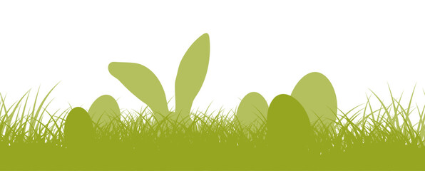 Easter bunny ears and eggs in the green grass, meadow, field. Funny egg hunting border, seamless easter pattern. Easter Background. Vector illustration  - obrazy, fototapety, plakaty