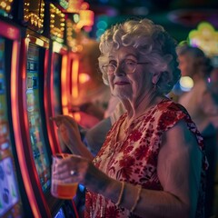 Fototapeta premium A female senior citizen enjoys a night out and plays the slot machines at a casino - Generative AI