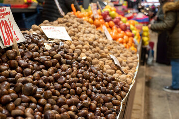 chestnuts for sale in the market, edible chestnut fruits,
