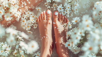 Closeup shot of a woman feet dipped in water with petals