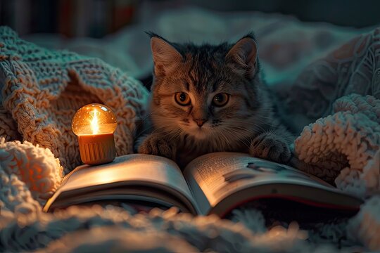 Kitty Reading A Book with Teddy Bear, Magic Childhood, Fairy Tale at Dream, Night Light - Powered by Adobe