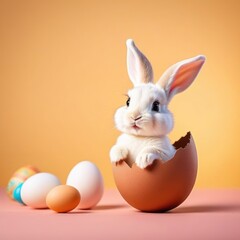 Obraz premium Easter banner with cute Easter bunny hatching from pastel color Easter egg on pastel color background. Illustration of Easter rabbit sitting in cracked eggshell. Happy Easter greeting card.Copy space.