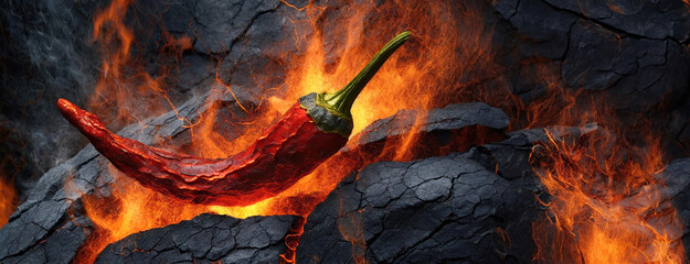A single red chili pepper on dark cracked surface of a volcanic landscape, amidst flames and smoky haze. Panorama with copy space.