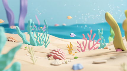 Fototapeta premium Underwater World Illustration: Seabed with Sand and Seaweed in 3D Cartoon Style for Children, Minimal Detail, Blue