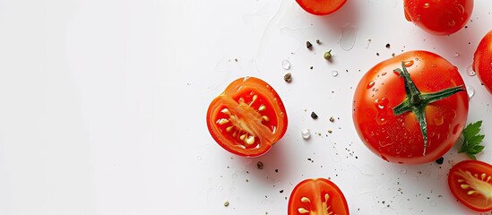A close-up shot showcasing a group of ripe red tomatoes placed on a pristine white surface, including one whole tomato and two slices.