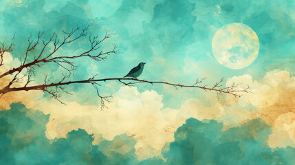 a painting of a bird sitting on a tree branch with a full moon in the sky in the back ground.