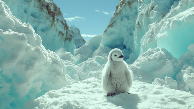 a baby penguin stands in the snow in front of a mountain of ice and snow - covered rocks, with a blue sky in the background.