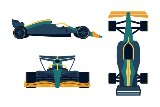 Three views of Formula 1 racing car - side, top, front. Transport of extreme sports. Fast vehicle on four wheels. Championship. Model of car. Flat style. Color image. Isolated. Vector illustration
