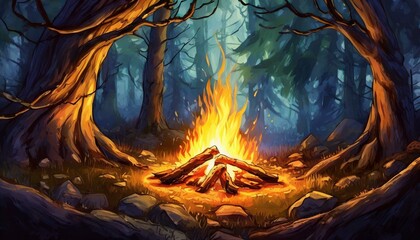 Campfire in the woods; Fantasy style