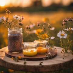 Closeup photo of a jar of dessert on a round wooden board with some delicate wildflowers in a small glass jar.