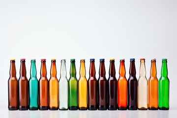 multicolor beer bottles in row isolated on white