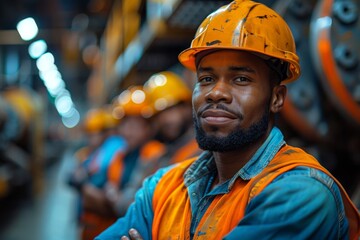 Confident worker in protective gear poses with arms crossed in an industrial setting