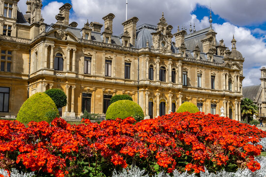 Waddesdon, Buckinghamshire, England, UK - Aug 24th 2022: Waddesdon Manor House and gardens in Buckinghamshire in summer with flowers