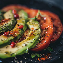 a close up of a plate of food with avocado and tomatoes