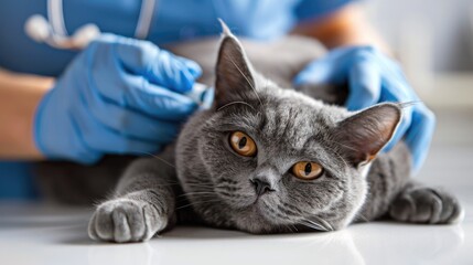A photo of a beautiful grey British breed cat being vaccinated at a veterinary clinic. The pet is being examined by a veterinarian
