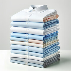 Stack of clean white and pastel beige men's shirts on white table after dry-cleaning or for sale in the shop on white background