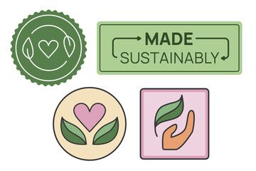 Made sustainably icon and badge set. Eco friendly, environmentally sustainable, vector graphic logos and labels.