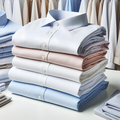 Stack of clean white and pastel beige men's shirts on white table after dry-cleaning or for sale in the shop on white background