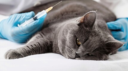 A photo of a beautiful grey British breed cat being vaccinated at a veterinary clinic. The pet is being examined by a veterinarian