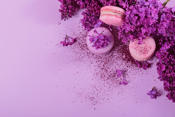 Obraz na płótnie Canvas Pastel colored sweet french macaroons with lilac flowers and splash of dry blueberry powder on pink background. Beautiful composition for bakery and pastry shop. Top view with copy space