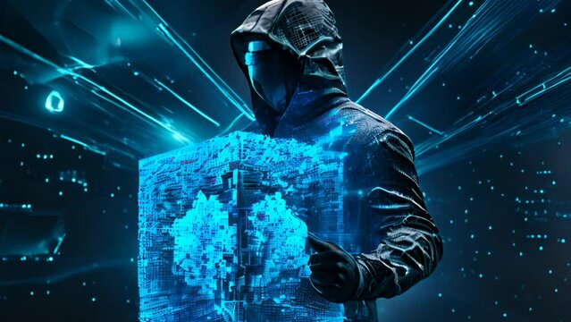 Anonymous computer hacker over abstract digital video footage. Obscured dark face in mask and hood. Data thief, internet attack, darknet fraud, dangerous viruses and cyber security