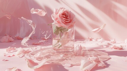 a glass vase filled with a pink rose sitting on top of a table covered in confetti and petals.
