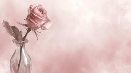 Fototapeta premium a single pink rose in a clear glass vase on a pink and white background with a swirly smoke pattern.