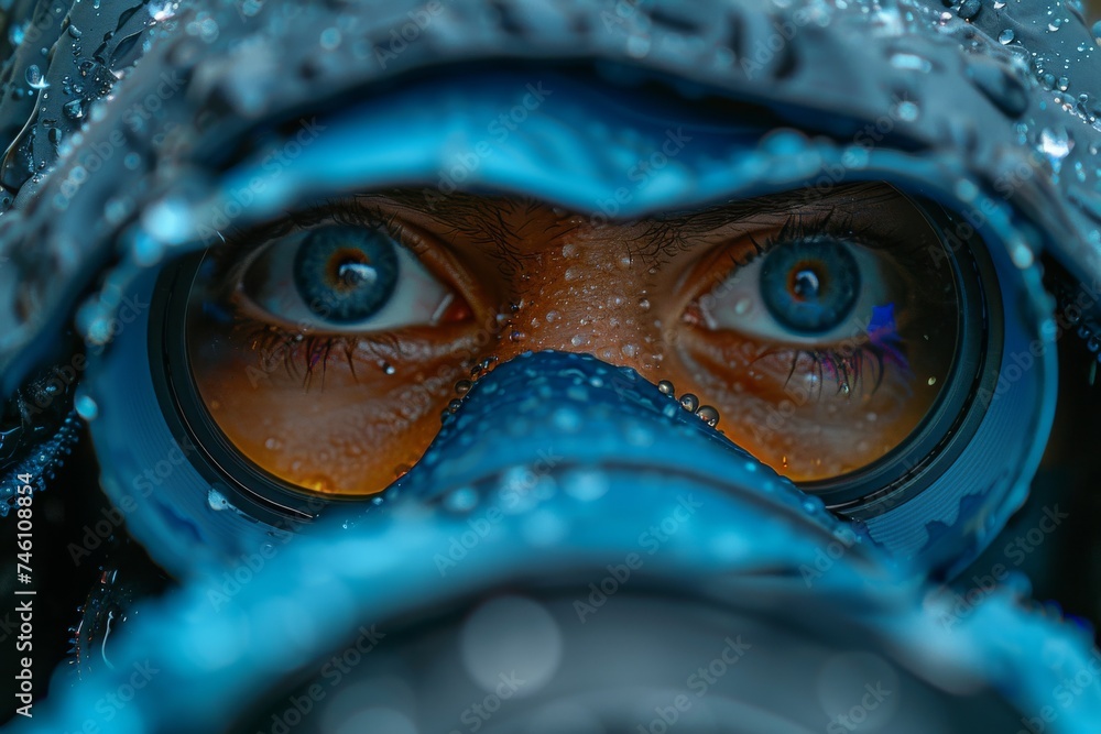 Poster a detailed capture of water droplets creating a dynamic splash with shades of blue, focused on the i