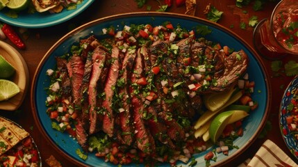 a close up of a plate of food on a table with other plates of food and utensils on the table.