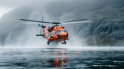 A red rescue helicopter lands or takes off over water in difficult and dangerous conditions. 