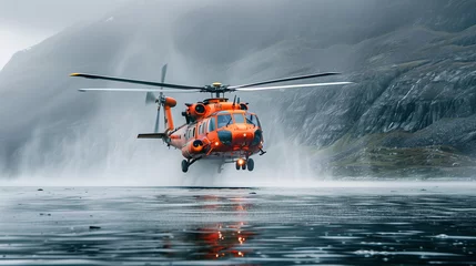 Fotobehang A red rescue helicopter lands or takes off over water in difficult and dangerous conditions.  © evastar
