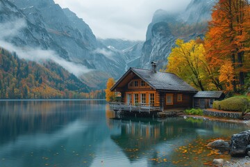 A serene wooden cabin by a still lake, embraced by forests in peak autumn colors, symbolizing tranquillity - obrazy, fototapety, plakaty