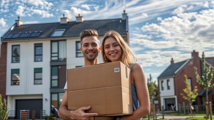 a young couple smiling and holding moving boxes, standing in front of a new house. The couple looks happy and excited about their new home. - obrazy, fototapety, plakaty