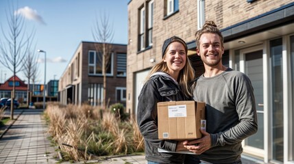 a young couple smiling and holding moving boxes, standing in front of a new Dutch house