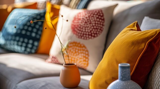 Colorful pillows adorn a sofa, adding vibrancy and personality to the living space. In the foreground, a little vase sits delicately, offering a subtle touch of decoration and charm.