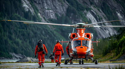 Red rescue helicopter landed in the mountains. Rescuers are going to land. - obrazy, fototapety, plakaty