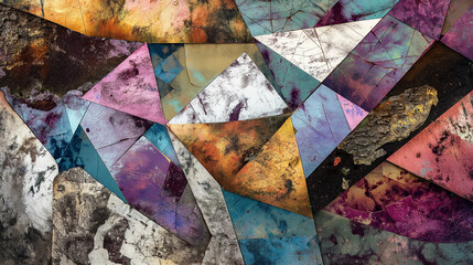 Abstract Geometric Artwork: A Mosaic of Textured Multicolored Triangles
