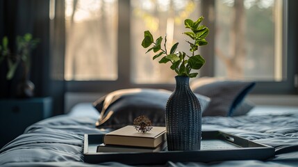 In a luxurious black bedroom, a tray of books is elegantly arranged alongside a vase of lush greenery on the bed. This sophisticated setting combines the comfort of a well-appointed bed  - obrazy, fototapety, plakaty